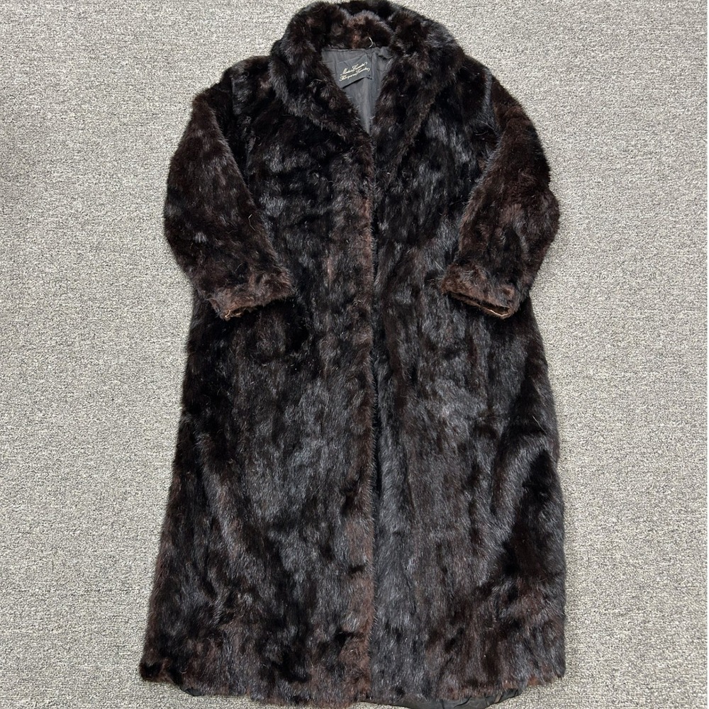 Vintage Faux Fur Coat Womens L Brown Long Notch Lapel Heavyweight Glam Luxe